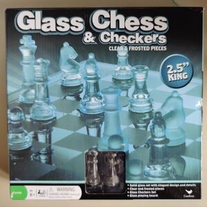 Cardinal Glass Chess & Checker Set, w/Glass Board, Unused, Complete